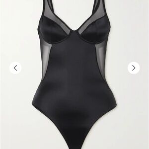SPANX
Shaping mesh-trimmed stretch-satin thong bodysuit